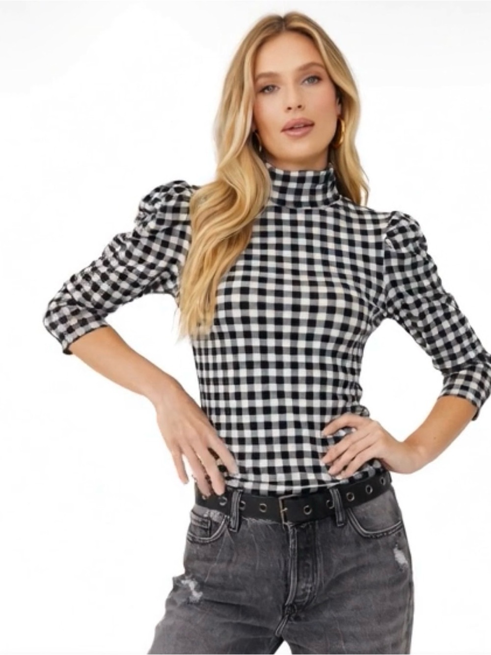 Free People Gather Black & White Gingham Turtleneck